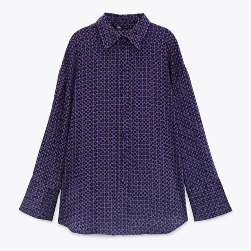Zara Purple Geometric Print Long Sleeve Shirt Satin Button Down Patterned Medium